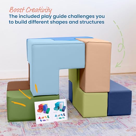 ECR4Kids SoftZone Brainy Building Blocks Puzzle Set, Beginner Playset, Earthtone, 7-Piece