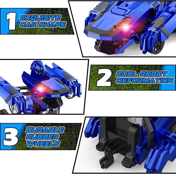 Kroyedfuw Dinosaur Transform Rc Cars, 2.4Ghz Remote Control Car Transforming Robot with Flashing Light, 360° Rotation One Button Deformation Car Toy Gifts for Boys Age 4-7 8-12