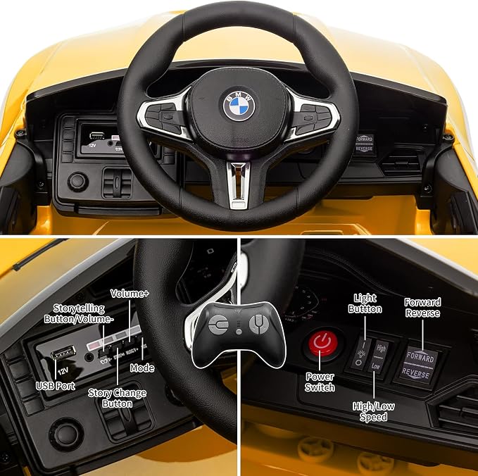 12V Ride On Car for Kids，Licensed BMW M4 Battery Powered Vehicle Car for Boys and Girls, with Remote Control,3 Speed,Led Light (Yellow)