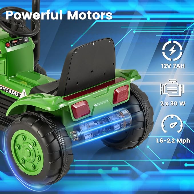 OLAKIDS 12V Kids Ride on Tractor, Battery Powered Motorized Electric Car with Trailer, Dual Motors, Remote Control, Light, Music, USB, Toddler Vehicle Toys for Boys Girls (Green)