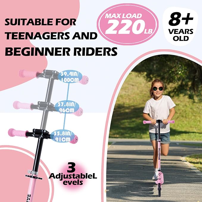 Kick Scooter for Kids Ages 6+, Teens & Adults, Adjustable Handlebars, Rear Brake, Big Wheel Foldable Scooter for Indoor & Outdoor
