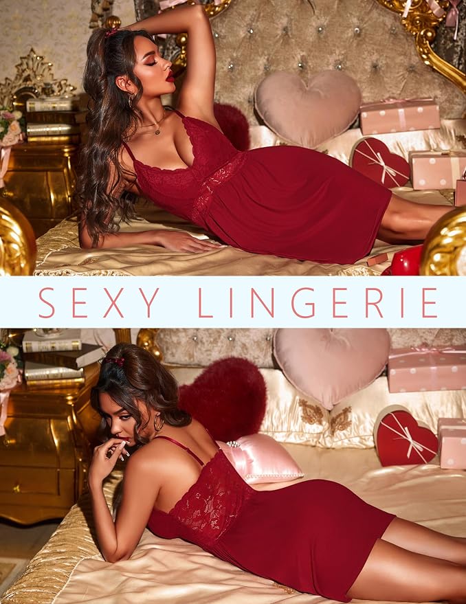 Ekouaer Lingerie for Women Sexy Nightgown Lace Trim Sleep Dress Chemise Nightgowns Sleeveless Night Gown Sleepwear S-3XL