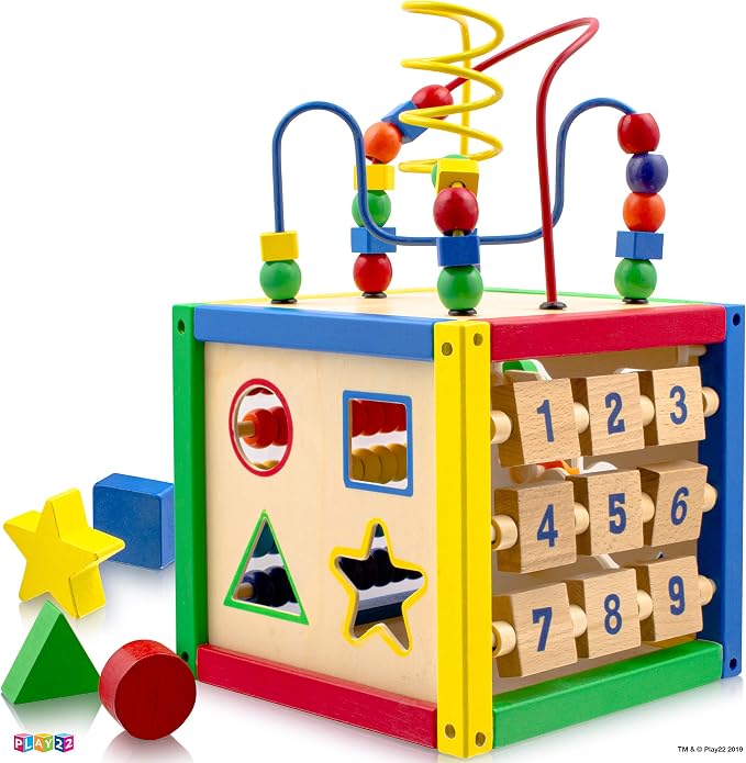 Play22 Wooden Activity Cube for Baby - 6 in-1 Baby Activity Play Cube with Bead Maze, Shape Sorter, Abacus Counting Beads, Counting Numbers, Sliding Shapes, Removable Bead Maze, 8Pcs Stacking Cups