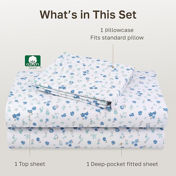 California Design Den Soft Twin XL 100% Cotton Sheet Sets, 400 Thread Count Good Housekeeping Award Winner, Smooth Sateen Finish, Cozy and Durable Twin XL Bedding Set - Floral White/Blue