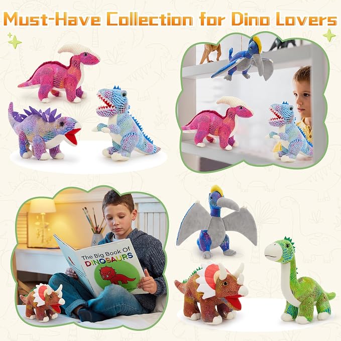 MaoGoLan 6Pcs Stuffed Animals Bulk Dinosaur Plushies with Sequin, 12'' Stuffed Dinosaur T-Rex Blue Velociraptor Toys Collectible Dino Squad for Kids Gifts Christmas Halloween Decorations