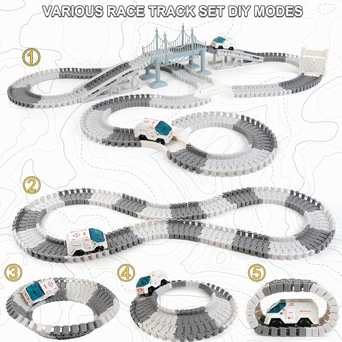 GIAT Race Car Tracks Set - Birthday Gift for 3 4 5 6 7 Year Old Boys, 290+ PCS Flexible Train Track Kit for Kids, Interactive Toy with Cars and Rocket