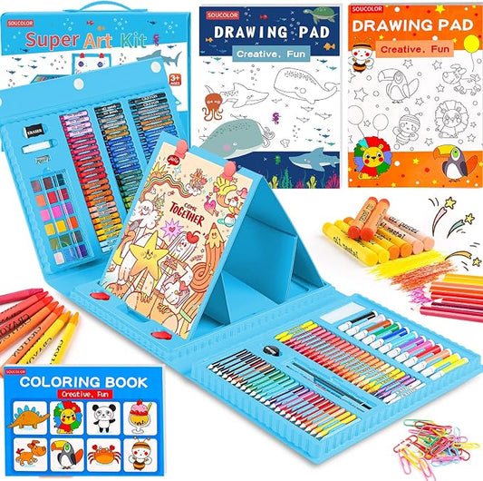 Soucolor Arts and Crafts, 283 Pieces Drawing Set Art Kits with Trifold Easel, 2 Drawing Pads, 1 Activity Coloring Book, Crayons, Oil Pastels, Watercolor Cakes, Colored Pencils, Watercolor Pens