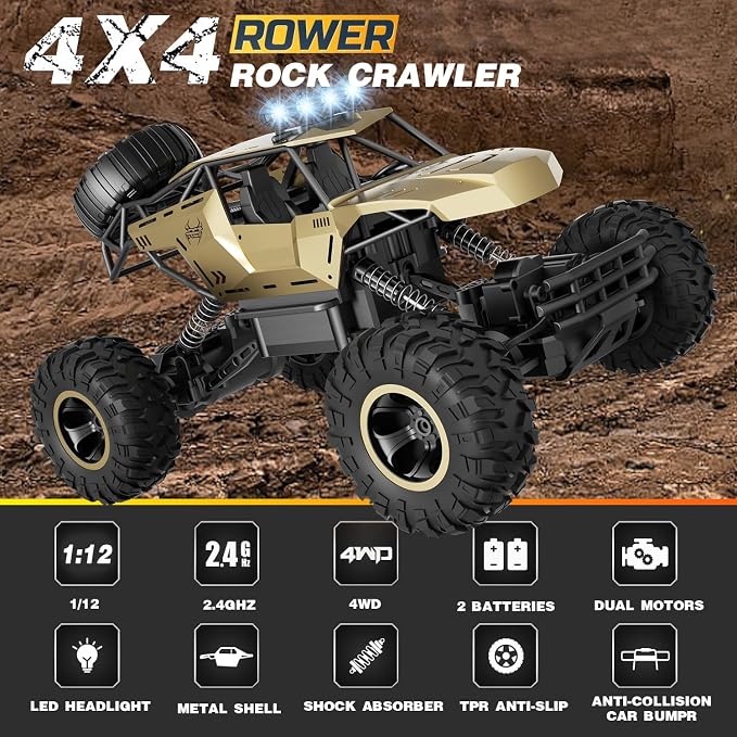 Jiakora RC Off Road Truck with Durable Metal Body, 1:12 Remote Control Monster Truck, LED Headlights All-Terrain Monster RC Car, Birthday for Kids Boys 8-12
