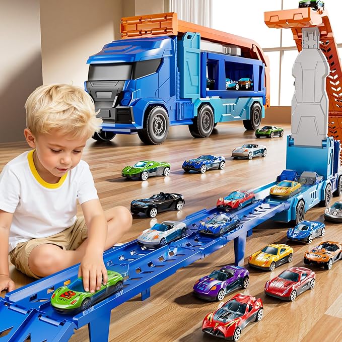 Truck Toys Car Track Set for 3 4 5 6 Years Old Boys, Carrier Truck Transporter Car Race Track with 12 Die-Cast Racing Car Toys, Birthday Gifts for Toddlers Kids Girls Age 3 4 5 6 7 8