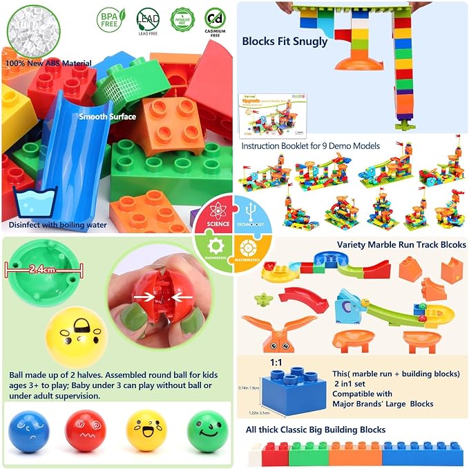 COUOMOXA Marble Run Building Blocks for Kids: STEM Educational Toys for 3 4 5 6 7 8 Years Old Kids - Catapult Track Set Compatible Classic Blocks Age 3-5 4-8 - Birthday Gifts Boys Girls