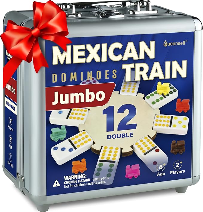 Queensell Mexican Train Dominoes Set with Jumbo Tiles – Double 12 Dominoes Set for Adults, 91 Tiles with Colorful Dots, Wooden Hub, Train & Aluminum Case