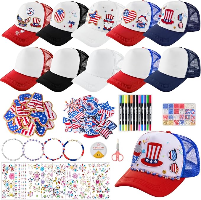 Skicuff 130 Pcs 250th Anniversary 4th of July Patriotic Craft Set, 10 Pcs DIY Red White and Blue Trucker Hats with Stickers Patches Chains USA Chenille Letters Beads for Independence Day Party Decor
