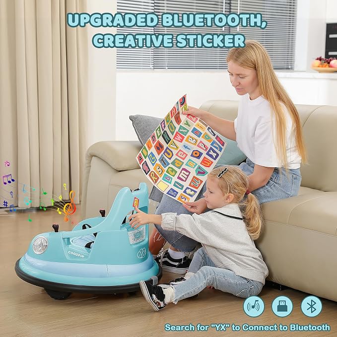 ELEMARA Ride on Bumper Car for Kids & Toddlers,1.9MPH Max,12V Ride on Toys W/Remote,2Playing Modes,2-Speed,360°Spin,Bumping Toy Gifts with W/Bluetooth,5 Flashing Lights,DIY Stickers,Light Blue