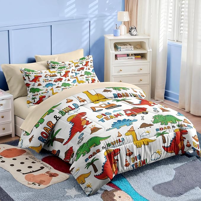 Nesker Dinosaur Comforter Set Twin Size, 5 Pieces Bed in a Bag, Dinosaur Cartoon Bedding Set for Boys, Construction Truck Excavator Comforter Set with 1 Pillowcase & 1 Sham