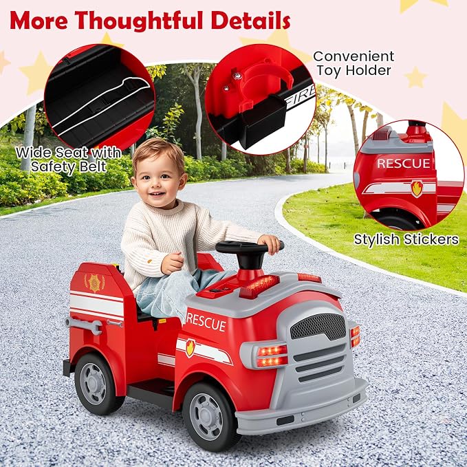 Costzon Ride on Fire Truck, 12V Toddler Fire Toy Kids Car w/Shovel & Wrench, Fire Extinguisher, Ladder, Safety Hat, 4 Anti-Slip Wheels, Music, Alarm, Horn, Electric Vehicle Gift for Toddlers (Red)