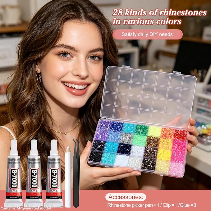 Artdone 36000Pcs Resin Rhinestones 3mm Jelly AB 28Colors for Bedazzling Glitter Kit DIY, Multicolor Crystal Diamond Pearls with 3Pcs 10ml B7000 Jewelry Glue for Bedazzled Nail Art Supplies Decoration