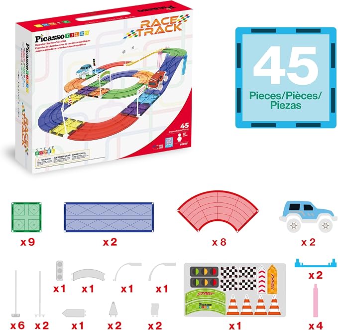 PicassoTiles 45pc Magnetic Tiles Race Track Set With 2 Racing Cars Plus Traffic Accessory Kit STEM Educational Learning Construction Building Magnet Tile Toy For Toddlers Boys Girls Kids Age 3+ PTR451