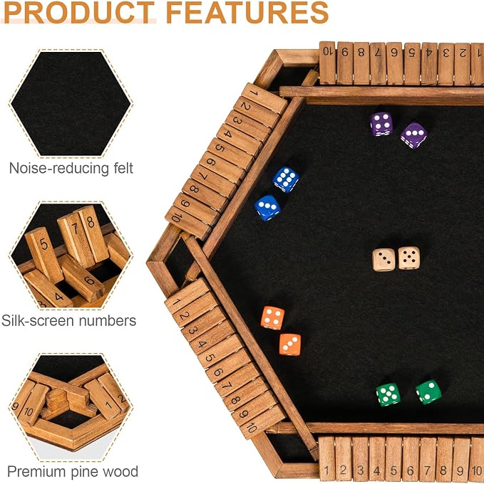 BIVOMON 1-6 Players Shut The Box Dice Game, Wooden Board Table Math Game for Kids Adult with 24 Dice, Close The Box Game for Family, Party, Christmas, Birthday