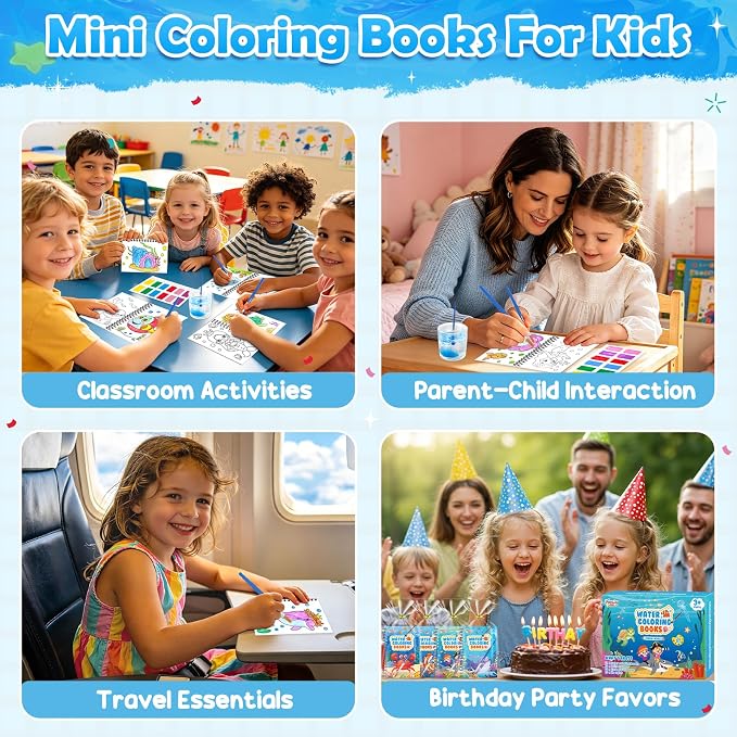 FEREDO KIDS 24 Pack Coloring Books Party Favors - Bulk Mini Water Coloring Books for Kids, No Mess, Screen Free Activities, Birthday Goodie Bags Stuffers Easy for Toddlers Classroom Prizes (Ocean)