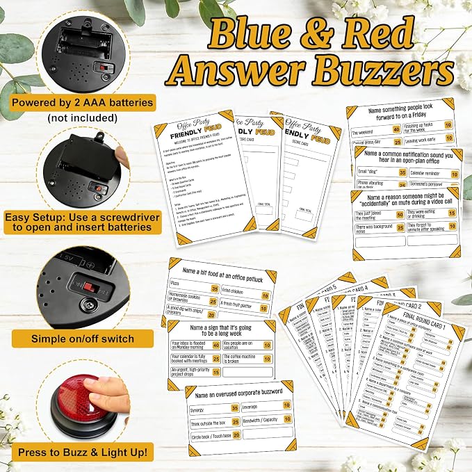 Office Party Friendly Feud Game with 2 Answer Buzzers, Team Building Trivia Quiz Cards for Family Game Night, Work Staff Coworkers Company Groups Holiday Gathering
