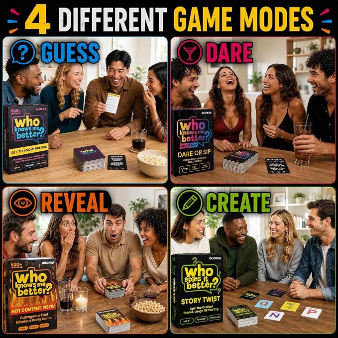 QUOKKA Party Games Set – Who Knows Me Better Collection with 4 Game in 1 Box – 2000+ Questions – Card Games for Adults and Teens – Board Game for Family Night, Friends & Couples Ages 15+