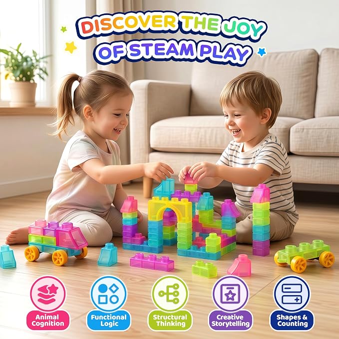 Gummy Bloc 57 PCS Soft Glow in The Dark Building Blocks for Toddlers, Dream City Glow Starter Kit, Squishy Sensory Stacking Toy with 2 Buildable Vehicles, Montessori STEM Preschool Gift for Boys Girls