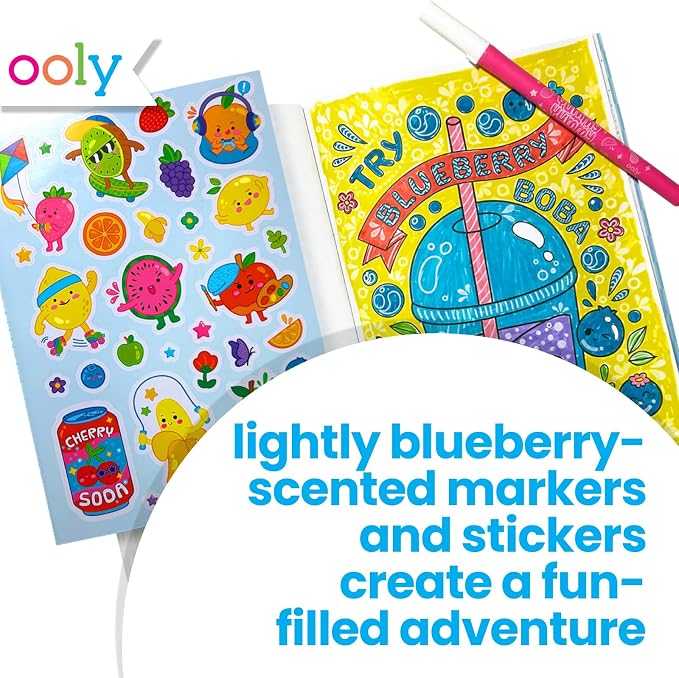 Ooly Travel Art Kit for Kids – Yummy Yummy Scented Coloring Kit, 1 Fruit-Scented Markers, 1+ Stickers, 3-Page Coloring Book, Mess-Free Road Trip & Airplane Activity