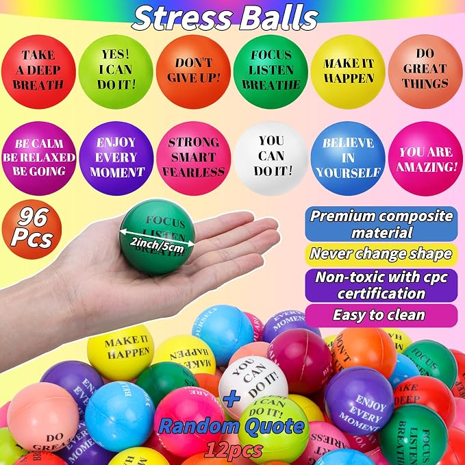 60 Pieces Motivational Stress Balls 2.5 Inch Inspirational Stress Relief Ball Bulk Hand Exercise Balls Encouraging Colorful Foam Balls Anxiety Small Balls with Quotes for Kids Adults Teens, 12 Styles