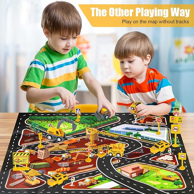 260 PCS Construction Race Tracks for Kids Toys, 2 Racing Cars, 4 Construction Cars, 1 Map & Flexible DIY Track Set, Engineering Toys for 3 4 5 6 Year Old Boys Girls