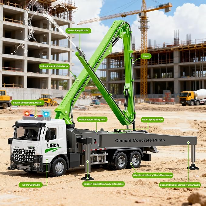 Cement Concrete Pump Truck Toy - Extendable Concrete Boom Pump Construction Trucks Site Playset Building Water Spray Todder Kids Age 3 4 5 6 7 8 Year Old Boy Birthday Christmas Vehicles Education Gift