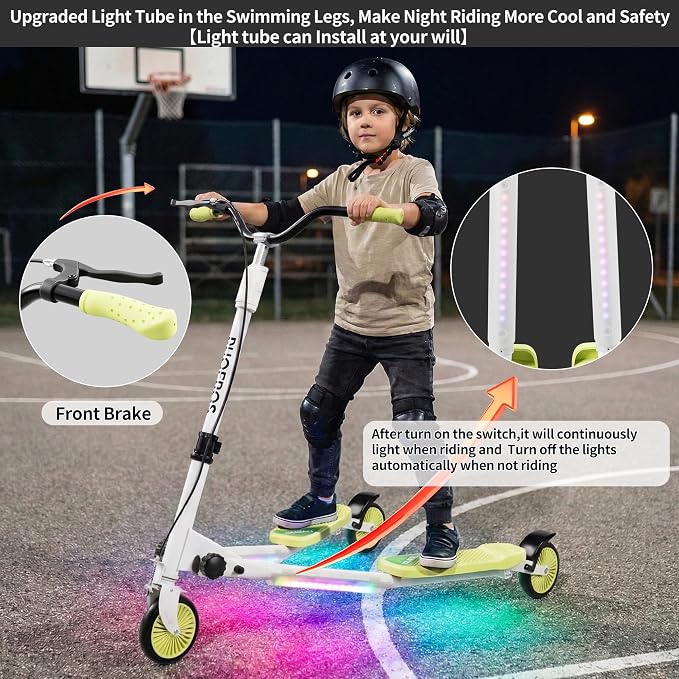 PHOEROS Upgraded Swing Wiggle Scooter,3 Wheels Drifiting Kick Scooter for Kids Ages 6-12,Teens&Adults,Youth Drifting Scooter with LED Light/4 Height Adjustable/Foldable Best Gift for Kids