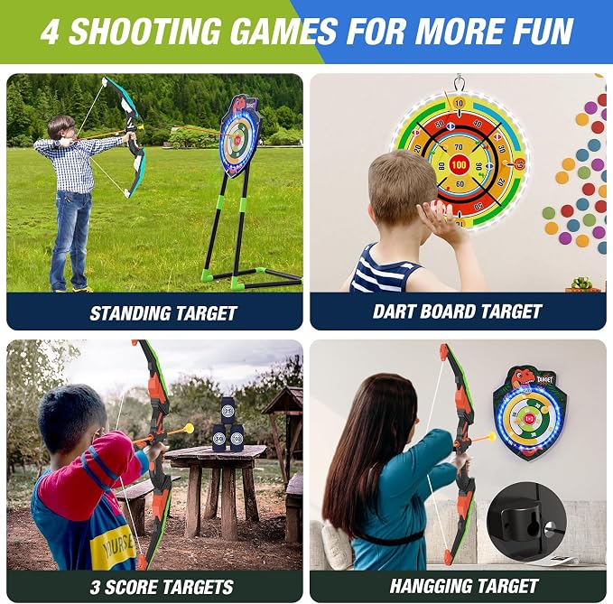 HYES 2 Pack Kids Bow and Arrow with 29" Large Dart Board, LED Light Up Archery Set with 24 Suction Cup Arrows, Indoor Outdoor Sport Toys Gifts for 3 4 5 6 7 8 9 10 11 12 Year Old Boys Girls