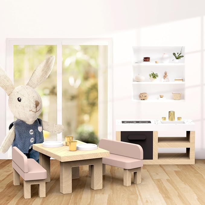 SPEEDY MONKEY Doll House Kitchen Playset with Bunny – Miniature FSC Wooden Kitchen Furniture Set – Dining Table, 4 Chairs, Fridge & Accessories – Pretend Play Doll House Decor Toy for Kids & Girls