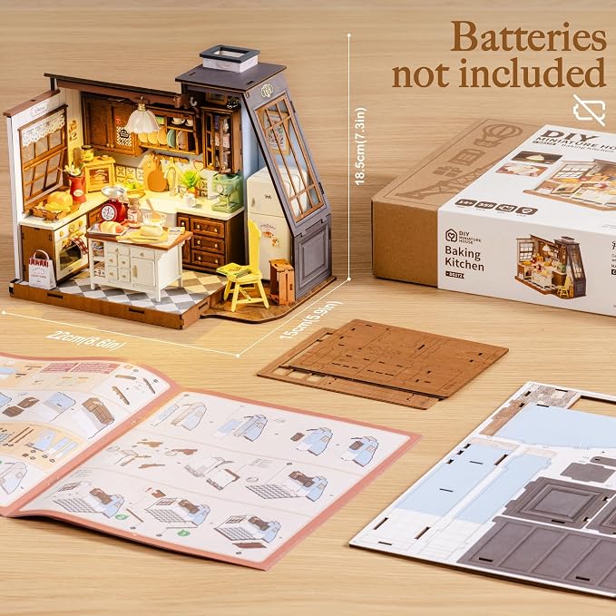 Rolife DIY Miniature House Kit for Adults, Baking Kitchen Mini Wooden Dollhouse Kit with LED Light Tiny House Diorama Building Kits Birthday Craft Hobbies Gift Home Decor for Teens Family