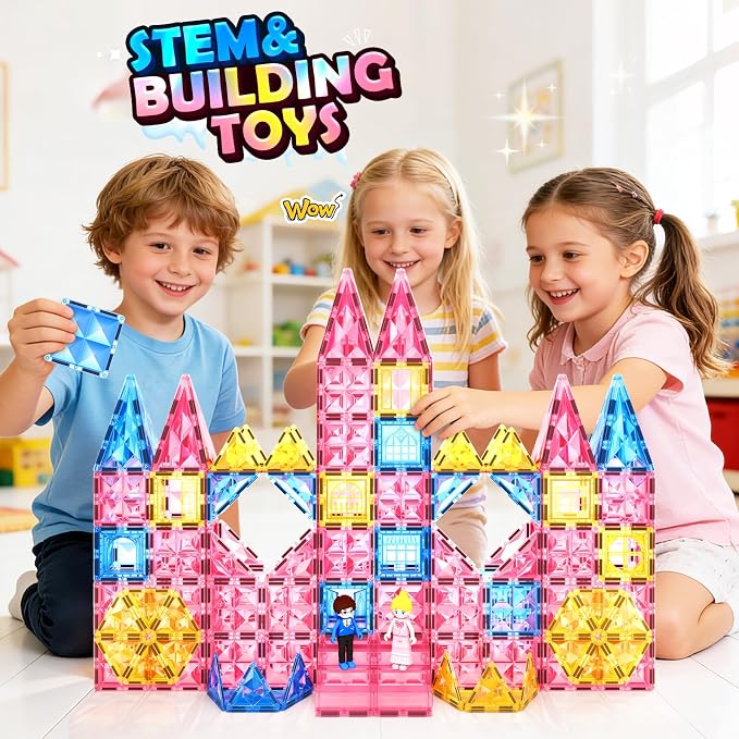 Magnetic Tiles 102pcs with 2 Stairs 2 Dolls Princess Castle Magnetic Building Blocks 3 4 5 6 7 8 9 10 Year Old Girl Birthday Gifts Toys for Girls 3-5 4-6 7-8 8-10 10-12