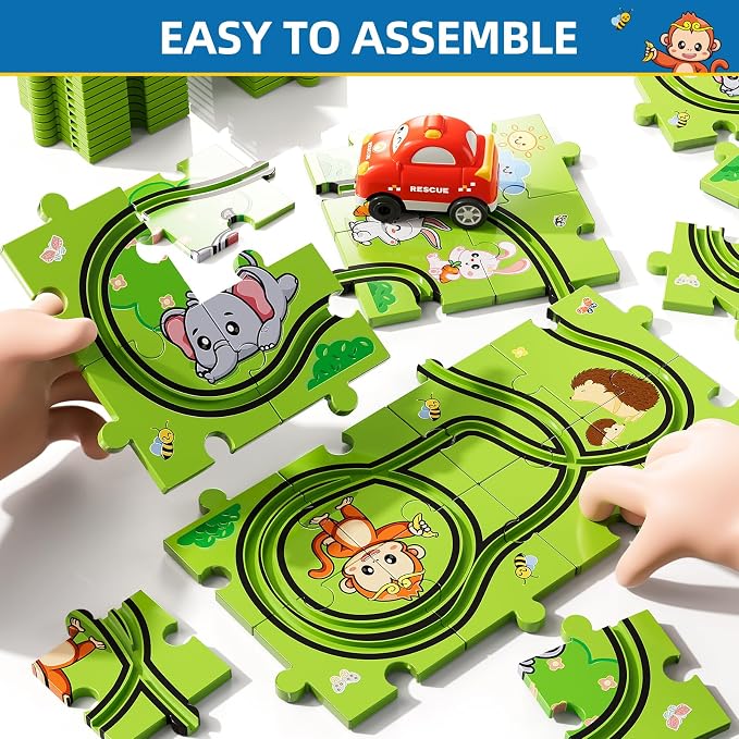 Bennol 39PCS Puzzles Race Tracks Car Toys for 1 2 3 4 5 Year Old Boys Toddlers, Cars Gifts Puzzle Set with Race Track, Toddler Car Toy Set for Kids Boys Girls