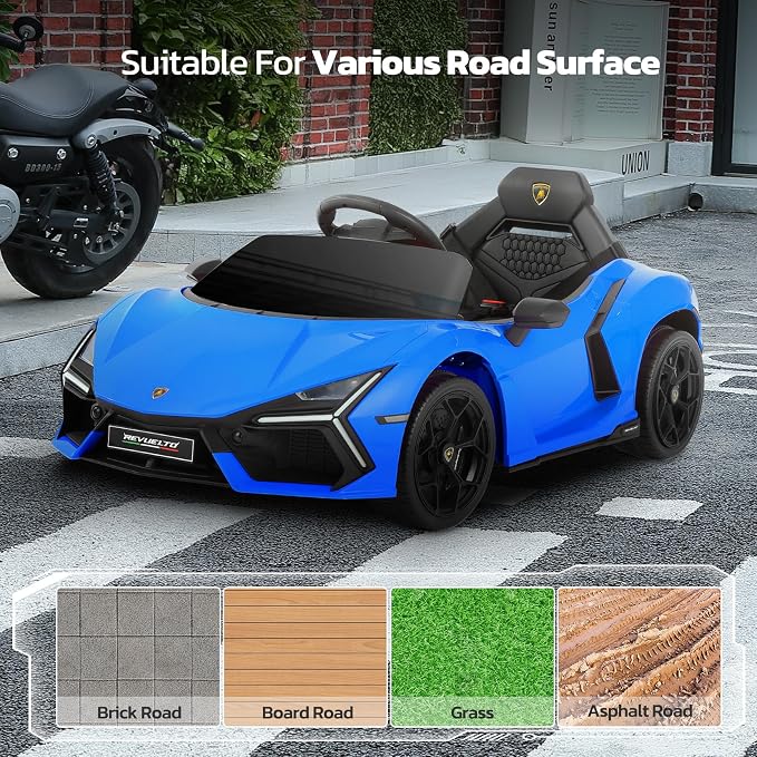 ELEMARA Lamborghini Ride On Car with Scissor Door, Electric Vehicle for Kids with Remote Control,Kid Cars to Drive with MP3 Player, Bluetooth, LED Light and Wide Seat, Navy Blue