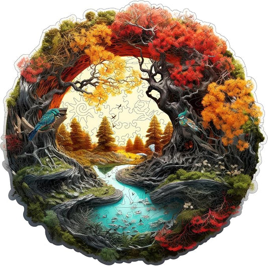 MEATRN Tree River 500 Pieces Wooden Puzzles for Adults - Autumn Landscape Jigsaw Puzzle with Colorful Trees and Flowing River, Family Night Fun, 16.9x16.8 in