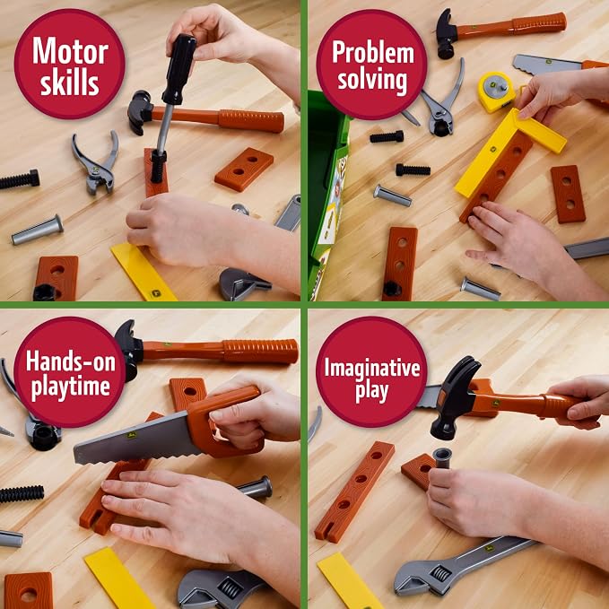 John Deere 18 Piece Deluxe Tool Box, Construction Playset with Tape Measure and Tools, Interactive Building Toys, Preschool Toys for Boys and Girls
