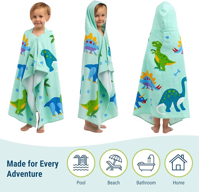 Wildkin Kids Hooded Beach Towel – 100% Cotton, Snap Front for Bath, Pool & Beach - Dinosaur Land