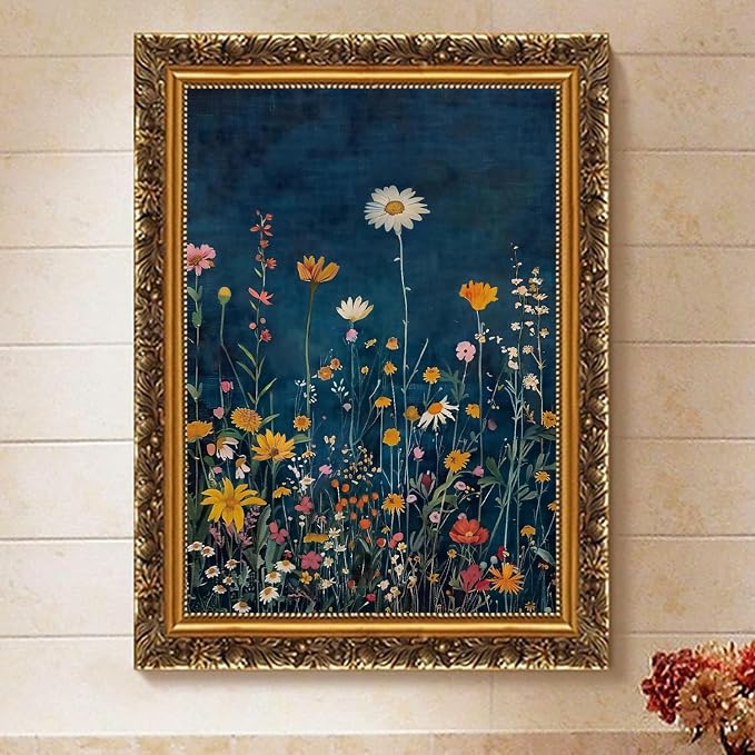 Paint by Numbers for Adults and Kids Beginner, Rustic Dark Blue Colorful FlowerPainting by Number Kits On Canvas, Number Artist Paint by Number Kit Oil Painting Acrylic Paints, Home Wall Decor Gift