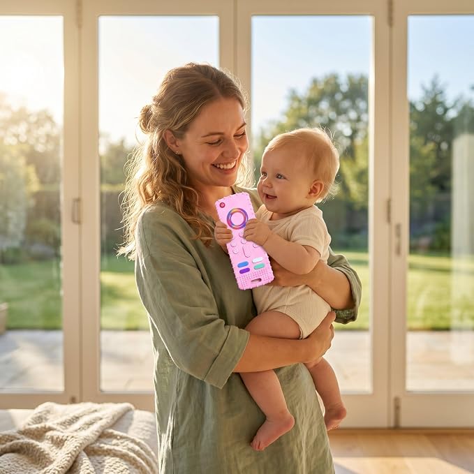SOLIFEGOBLE Silicone TV Remote Teething Toy, BPA-Free Food Grade Teether for Babies 6-24 Months, Soft Chew Toy with Textured Buttons, Teething Relief & Sensory Play (Pink)