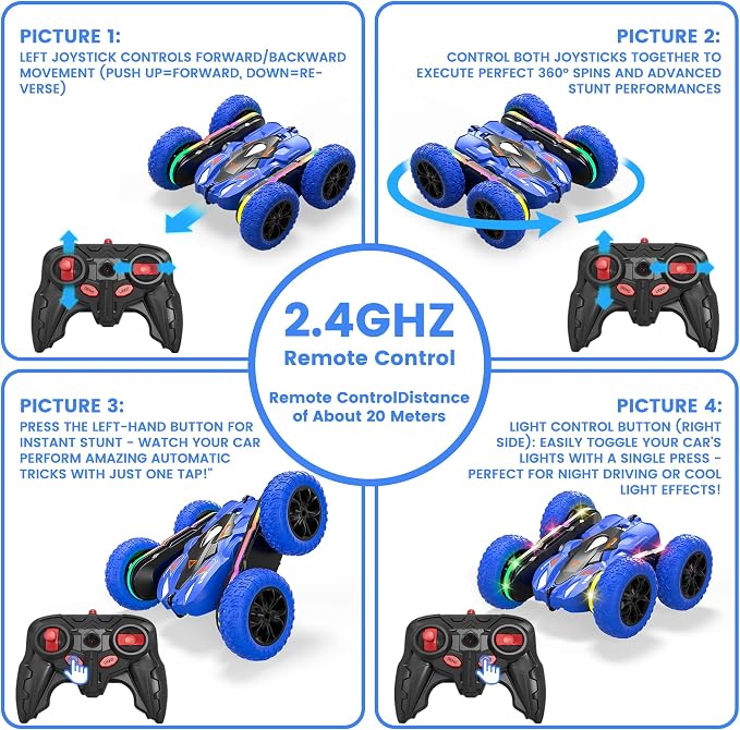 Wedopro RC Car for Boy Ages 6-12: 2 Batteries 360° Stunt Rotating 4WD Remote Control Toy with Headlights, Indoor Outdoor Birthday Gifts for Kids 6 7 8 9 10 11 12, Blue