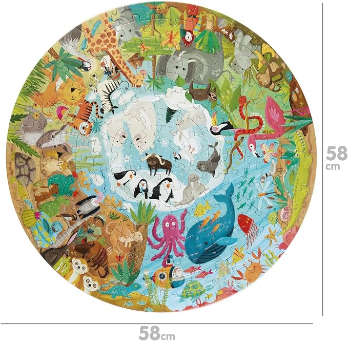boppi Round 150 Piece Jigsaw for Kids Aged 5-8 | Educational Animals Around the World Puzzle with Continents & Animal Habitats | Eco-Friendly Recycled Cardboard