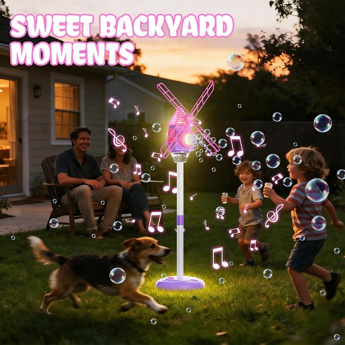 Windmill Bubble Machine for Kids, 51" Adjustable Height Standing Bubble Maker with Lights & Music, 10-Hole Battery Operated Bubble Blower with 130ml Tank, Outdoor Backyard Party Toys for Toddlers