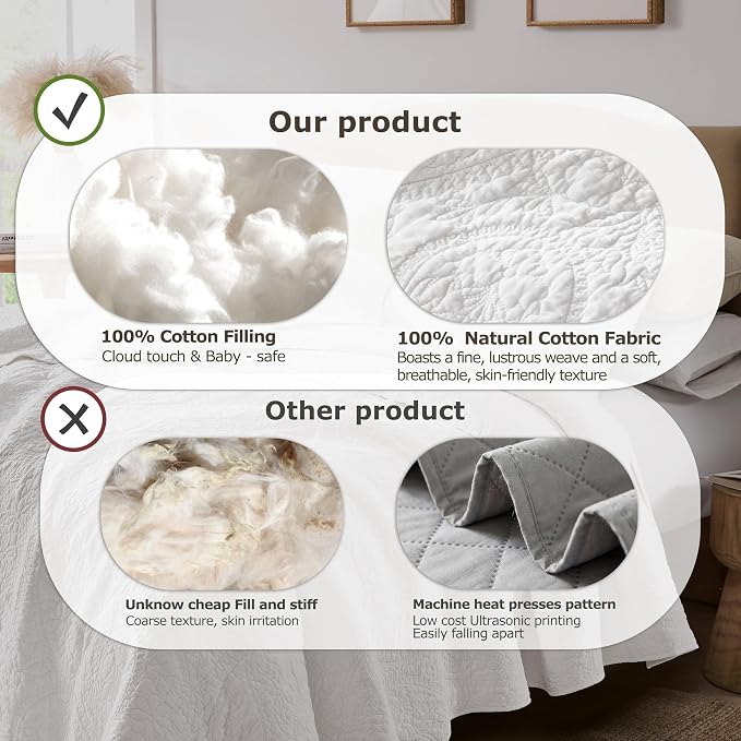 palassio White Paisley 100% Cotton Quilt Queen Size Bedding Sets with 2 Pillow Shams, Boho Floral Lightweight Farmhouse Country Vintage Soft Bedspread Shabby Chic Coverlet for All Season, 3 Pieces
