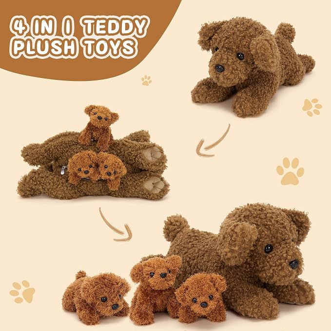 Muiteiur 4 Pcs Dog Stuffed Animal Set, 18.5 Inch Teddy Dog with Puppies, Brown Dog Plush for Kids Girls Boys, for Birthday Theme Party, Fun Decor