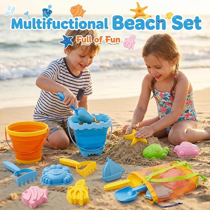Beach Sand Toys Set for Toddlers, Portable Travel Beach Toys with Collapsible Bucket, Shovel, Rake, Molds & Mesh Storage Bag for Kids, Summer Gift (Tangerine + Ocean Blue)
