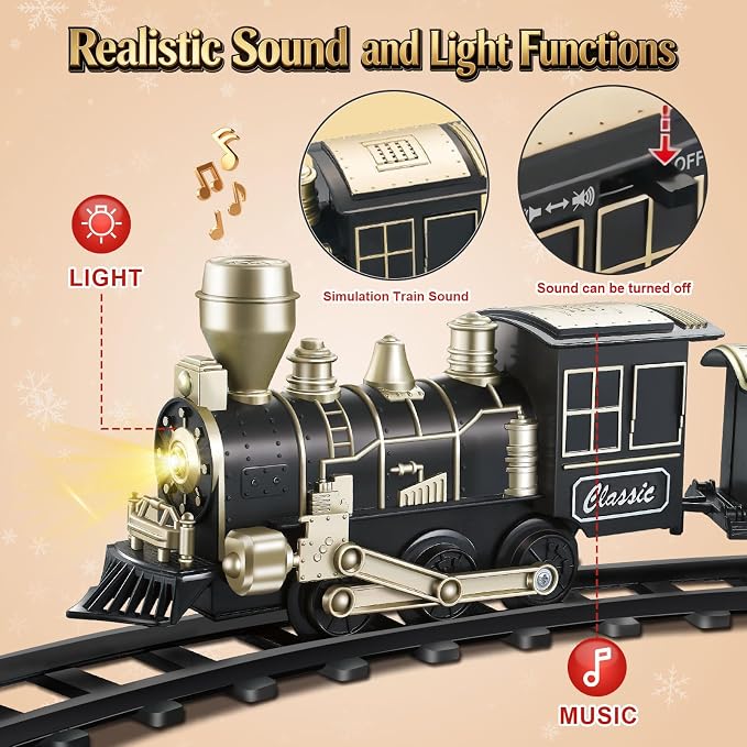 Electric Train Set, Ages 4-8 – Christmas Train with Locomotive, Passenger Car, 6 Curves, LED Light & Sound – Indoor Toy for Kids, for Holiday Village or Train Table