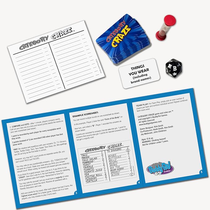 Category Craze - The Simple, Fast-paced, dice-Rolling, Category Card Game for Families or Parties! Ages 12 and up. 2 or More Players or Teams!